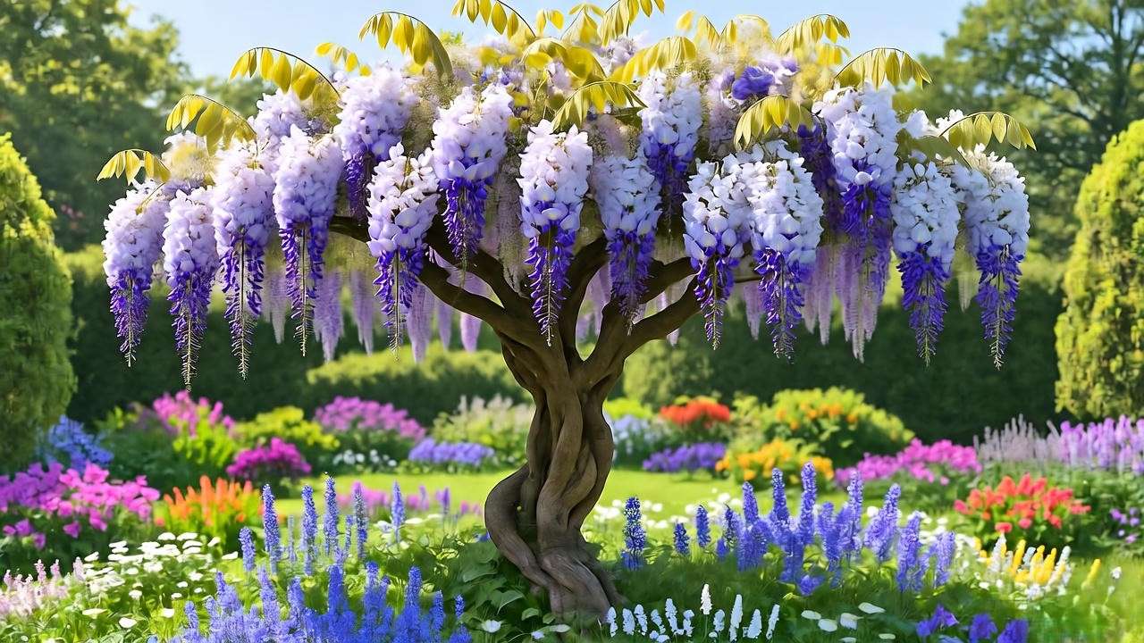 Mature wisteria tree with long purple blooms in a bright garden setting