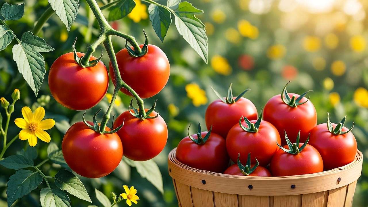 "Ripe tomatoes on the vine with a basket of freshly harvested tomatoes in sunlight."