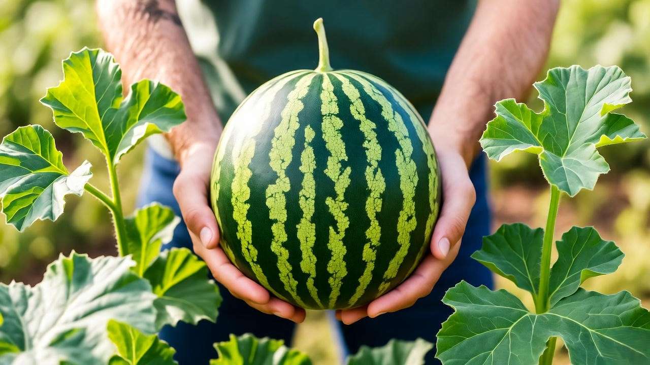 Harvested watermelon with green leaves in gardenerโs hands"