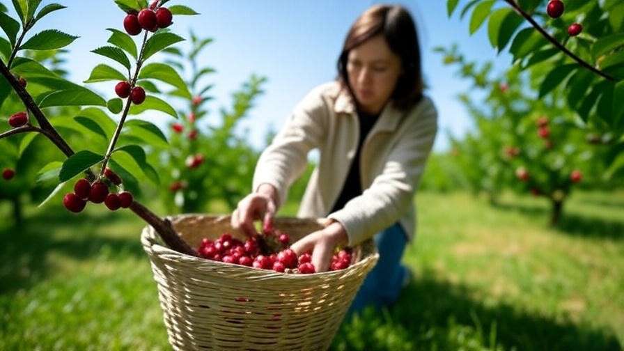 Hands picking ripe cherries into a basket in a sunny orchard". 