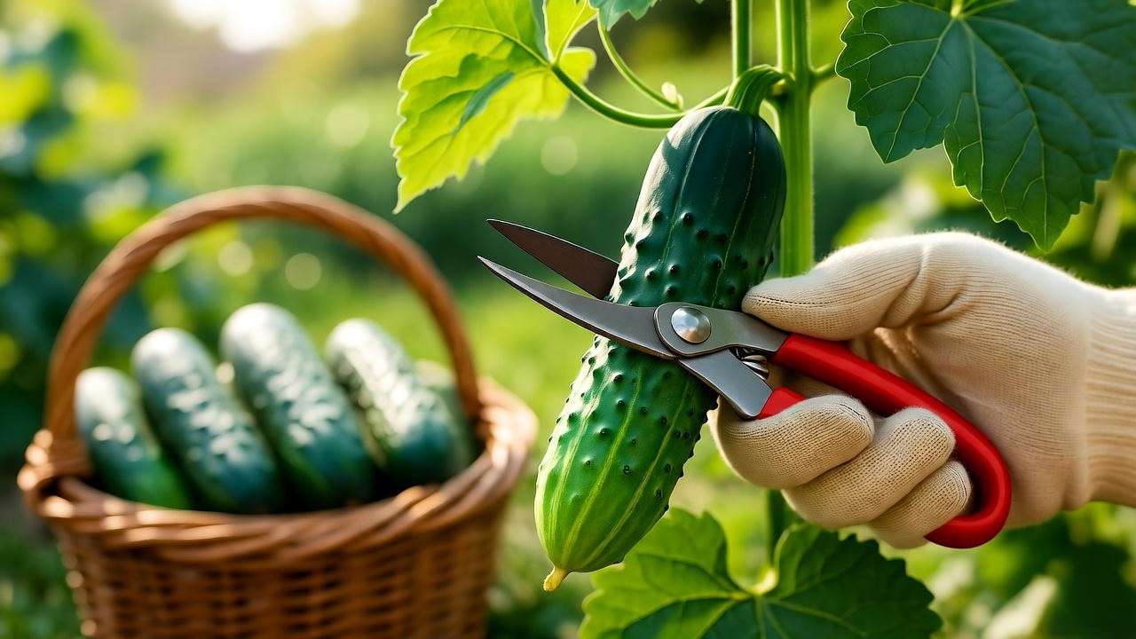 Hand harvesting pickling cucumbers with a basket in a sunny garden.