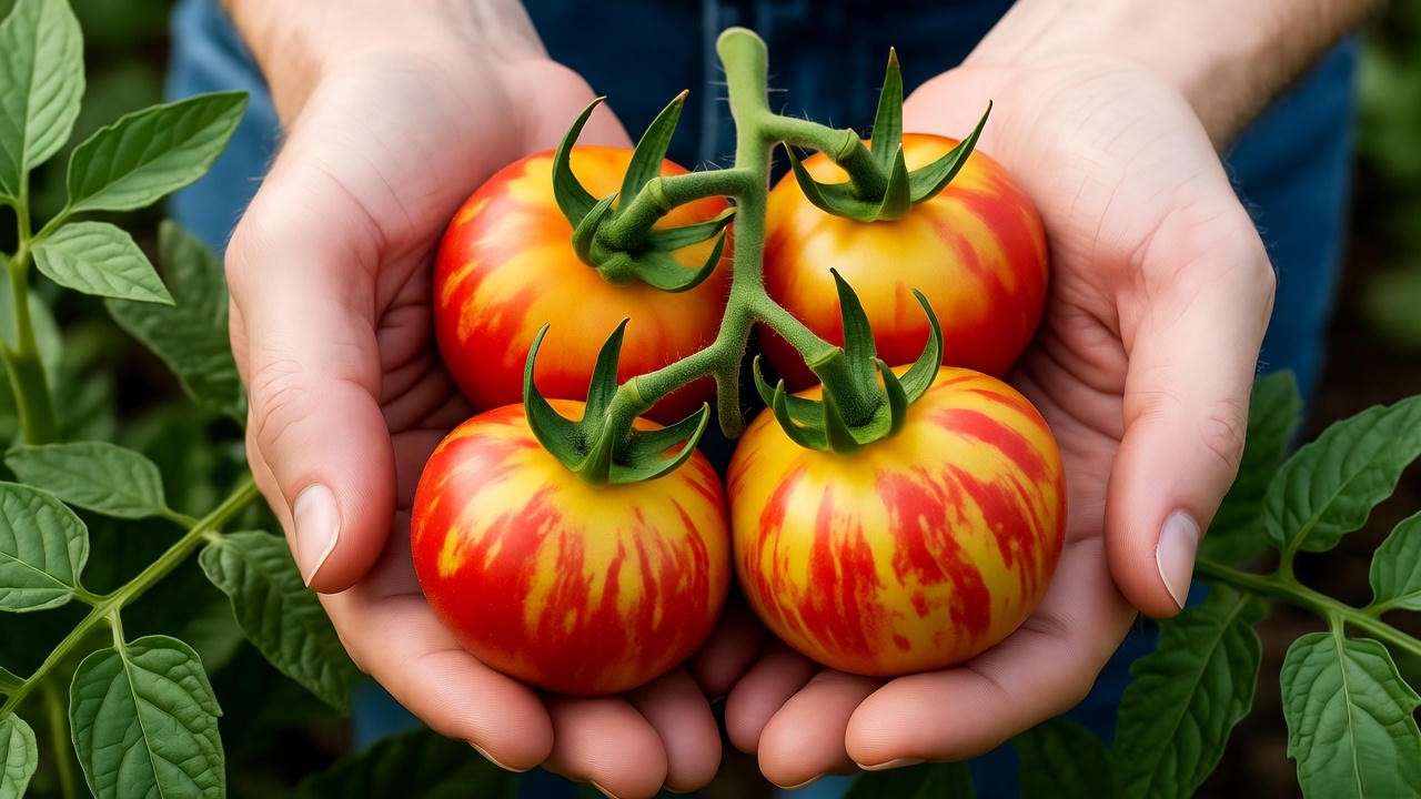Hands harvesting ripe pineapple tomatoes with yellow-red marbling from a garden plant."
