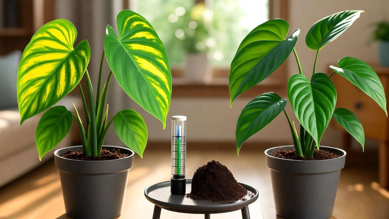Aroid plant with yellow leaves next to healthy plant and moisture meter."