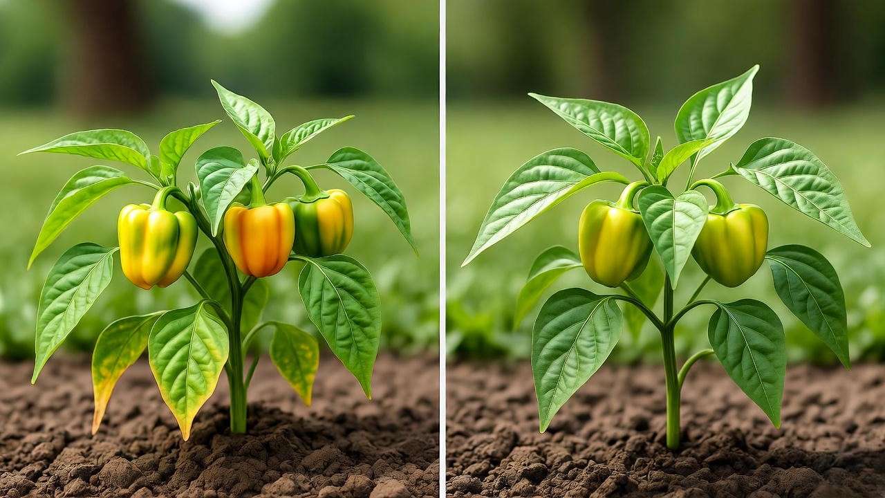 Wilting Cubanelle pepper plant next to a healthy irrigated plant."