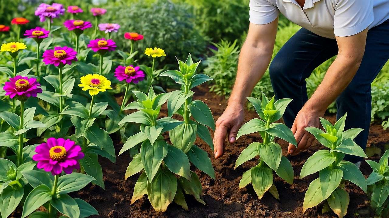 "Gardener checking soil moisture of wilted Profusion Zinnia plants in a garden".