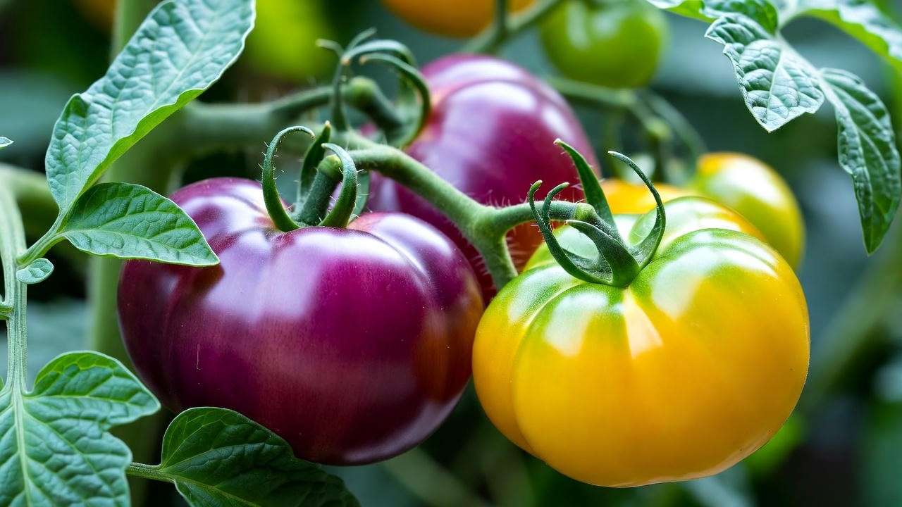 "Close-up of colorful heirloom tomato varieties on the vine in a garden"