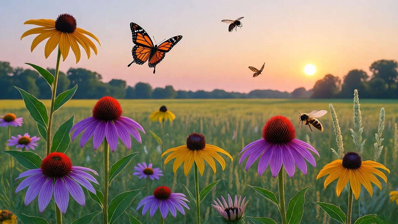 Illinois native plants like purple coneflower and little bluestem in a vibrant prairie with bees and butterflies."