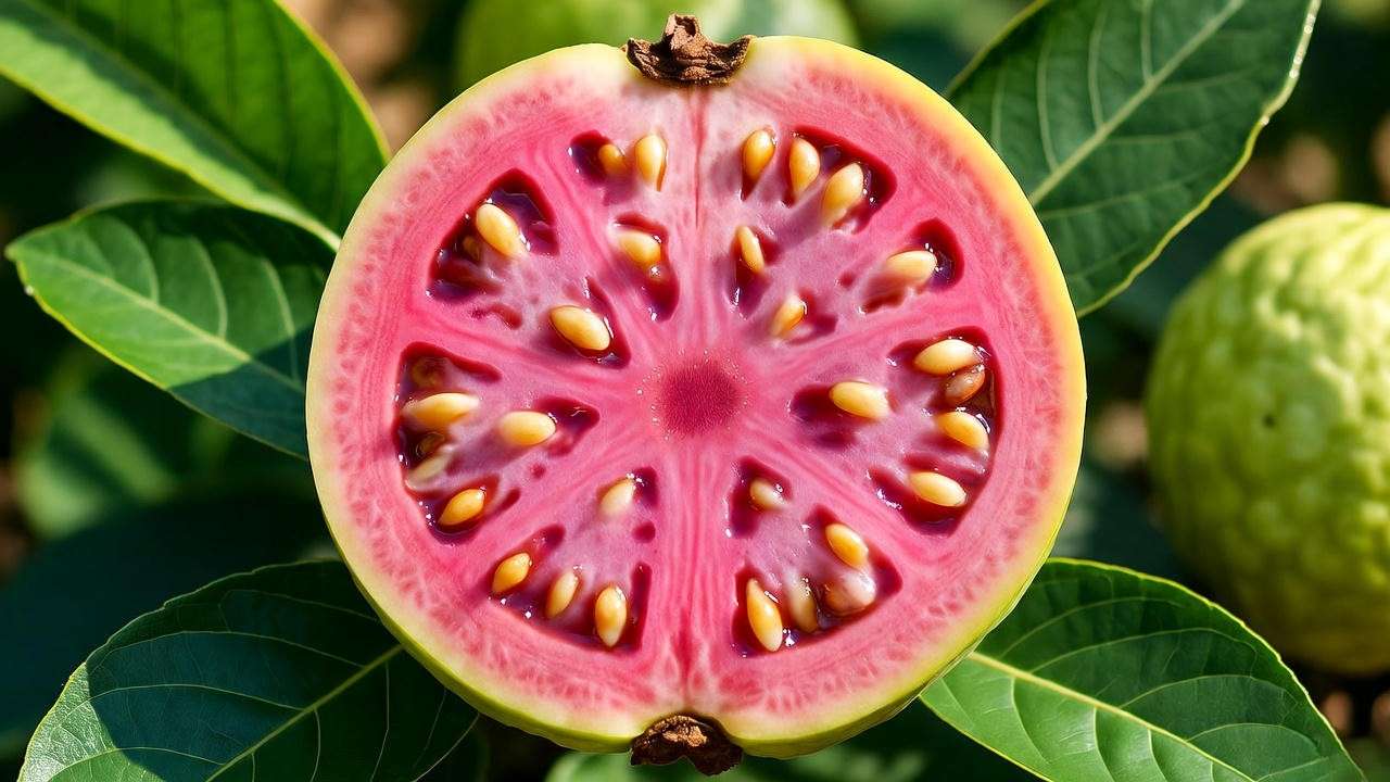 Close-up of ripe pink guava fruit with lush green leaves in a tropical garden.