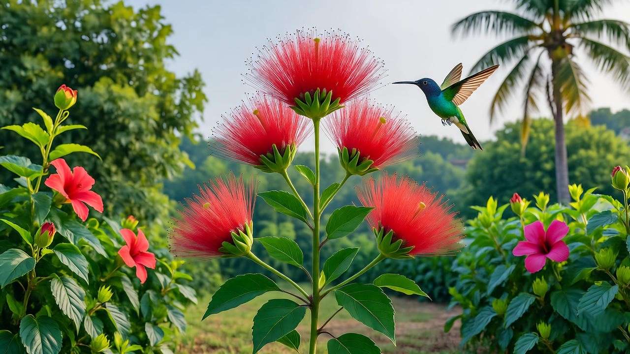 Calliandra powder puff plant with red blooms and a hummingbird in a tropical garden setting.