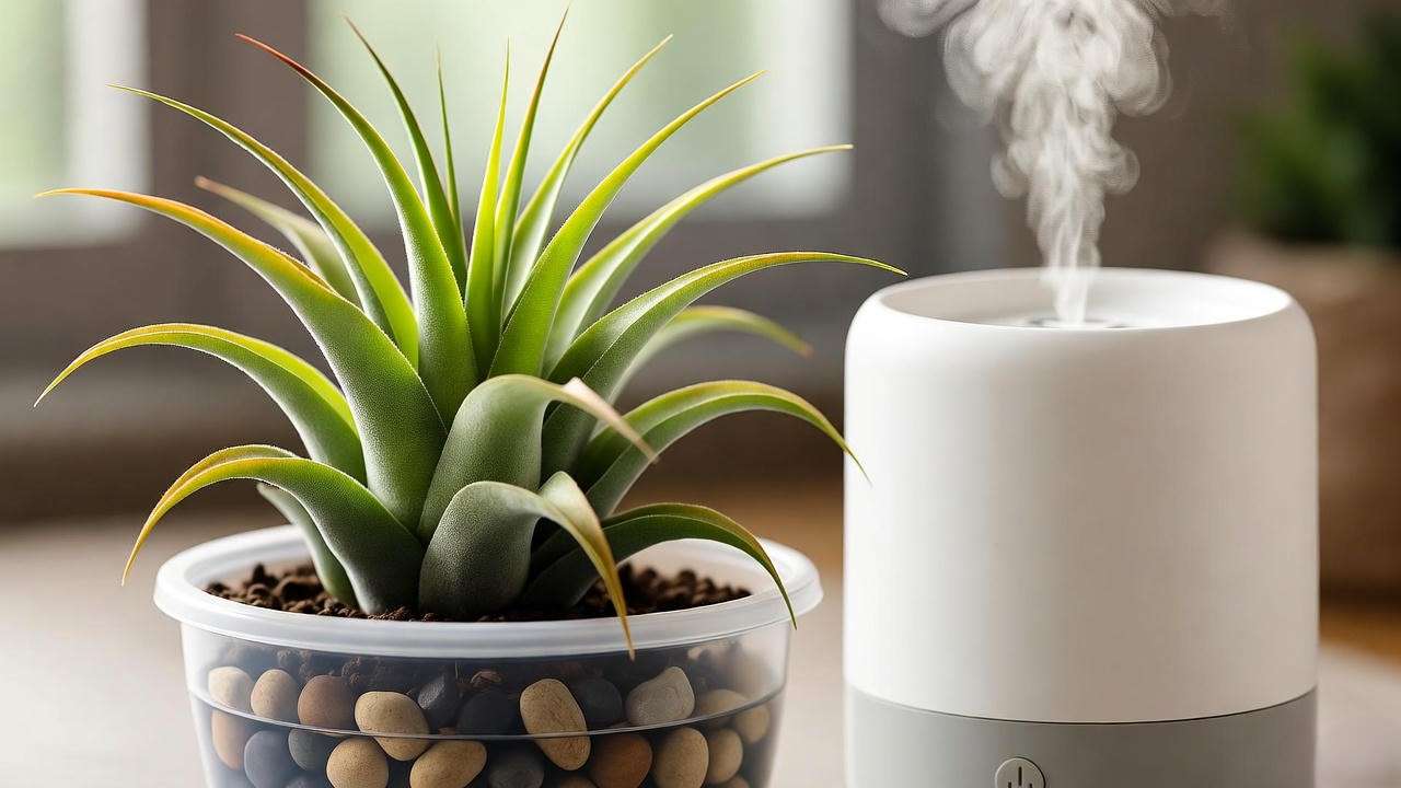 "Cyanea air plant with browning leaves near a pebble tray and humidifier."