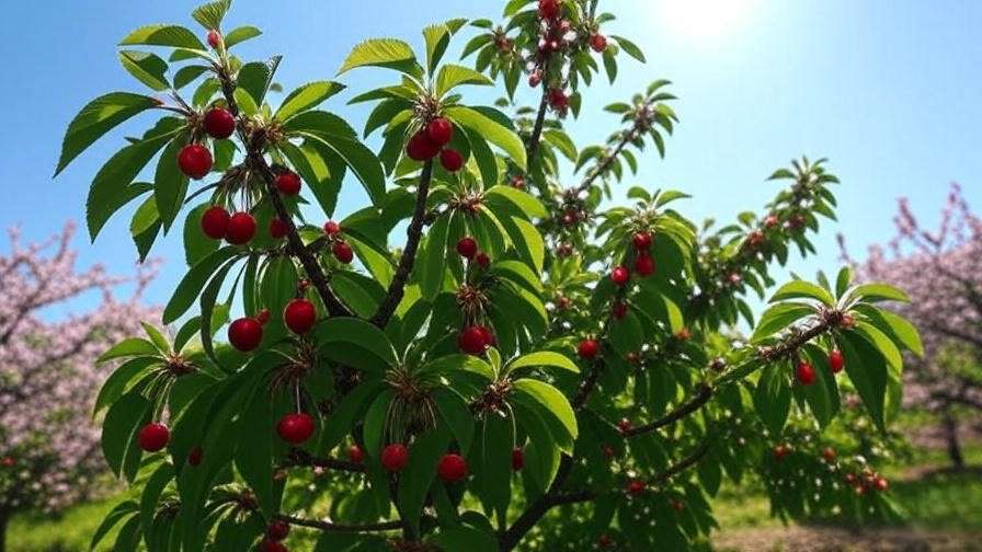 "Close-up of pruned cherry tree branches with healthy developing cherries under sunlight". 
