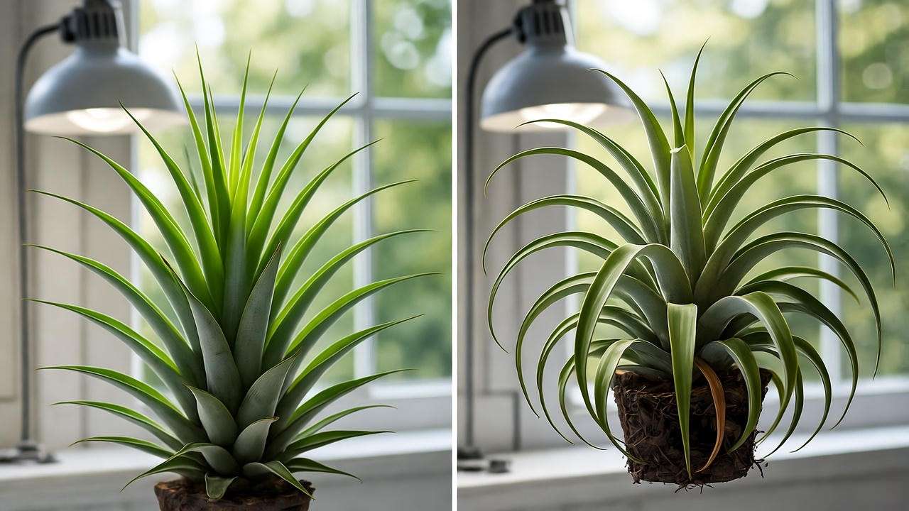 Comparison of healthy and wilting air plants in a bright indoor setting with a window."