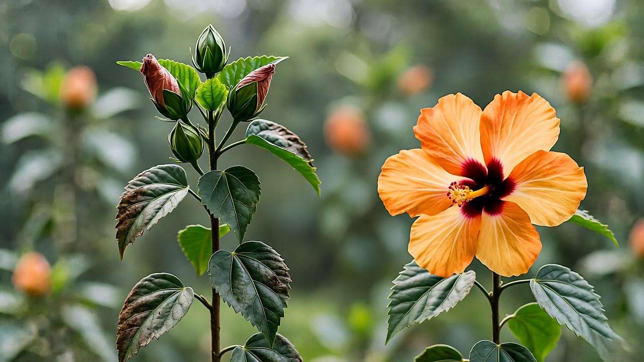 Hibiscus plant with wilting leaves in a pot next to a healthy plant with upright leaves and blooms."