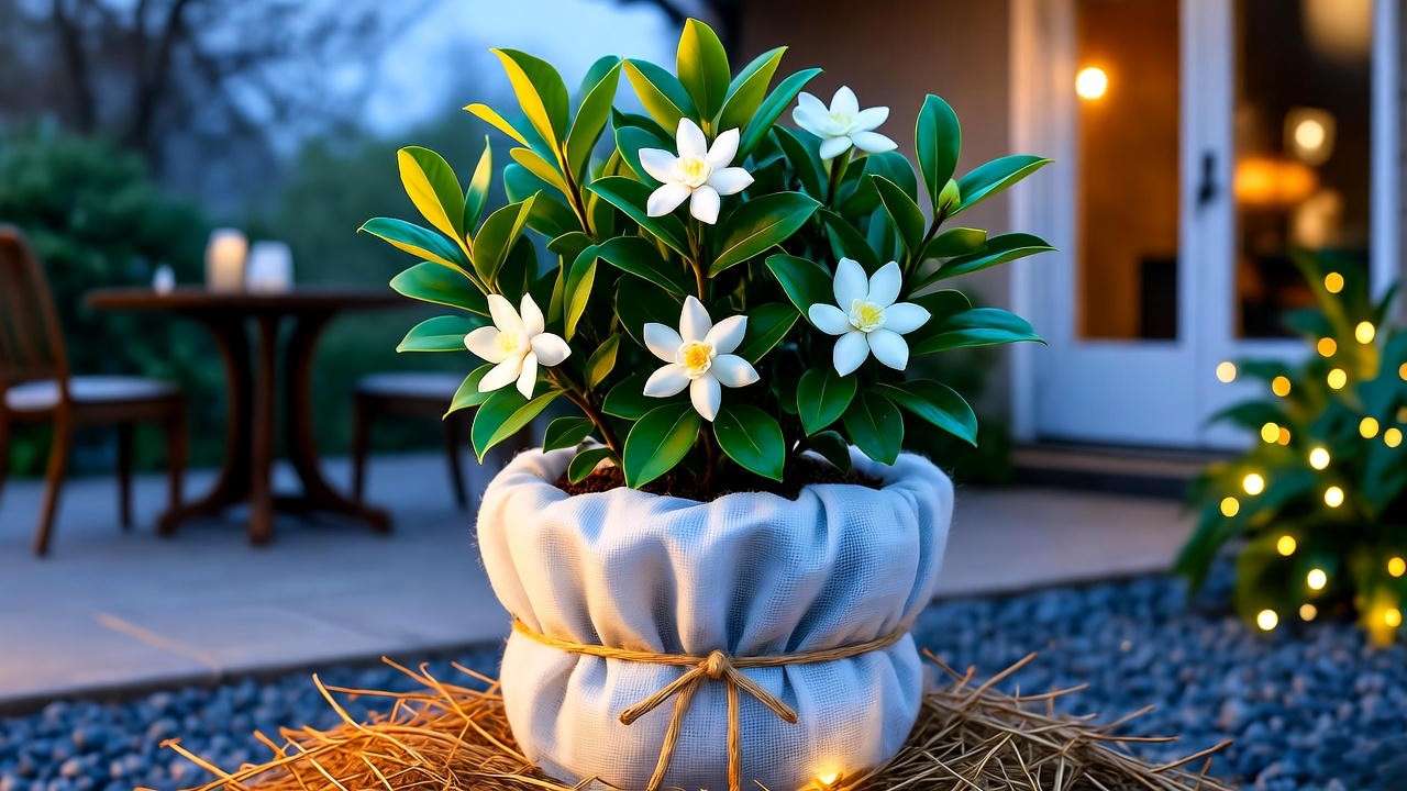 Gardenia veitchii plant protected with frost cloth and mulch in winter
