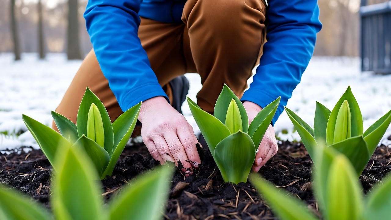 Gardener mulching chocolate lilies in a winter garden with light snow".