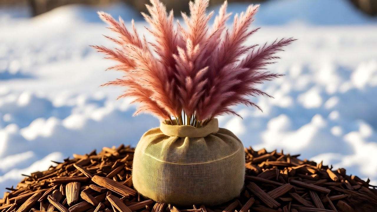 Pink pampas grass wrapped with burlap and mulched for winter protection."