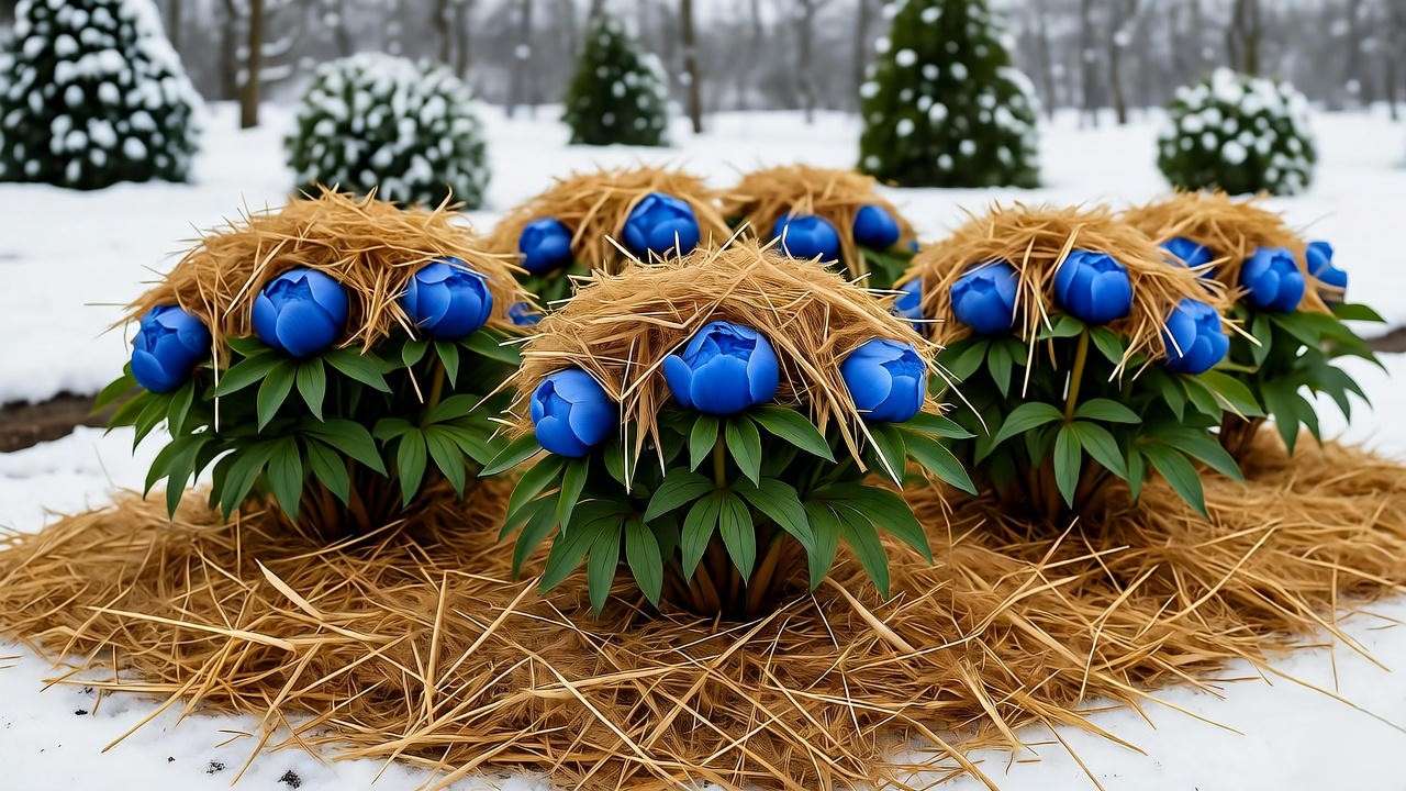 Blue peony plants protected with mulch in a snowy winter garden."