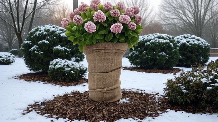 "Young Pink Diamond Hydrangea Tree wrapped in burlap with mulch for winter protection."