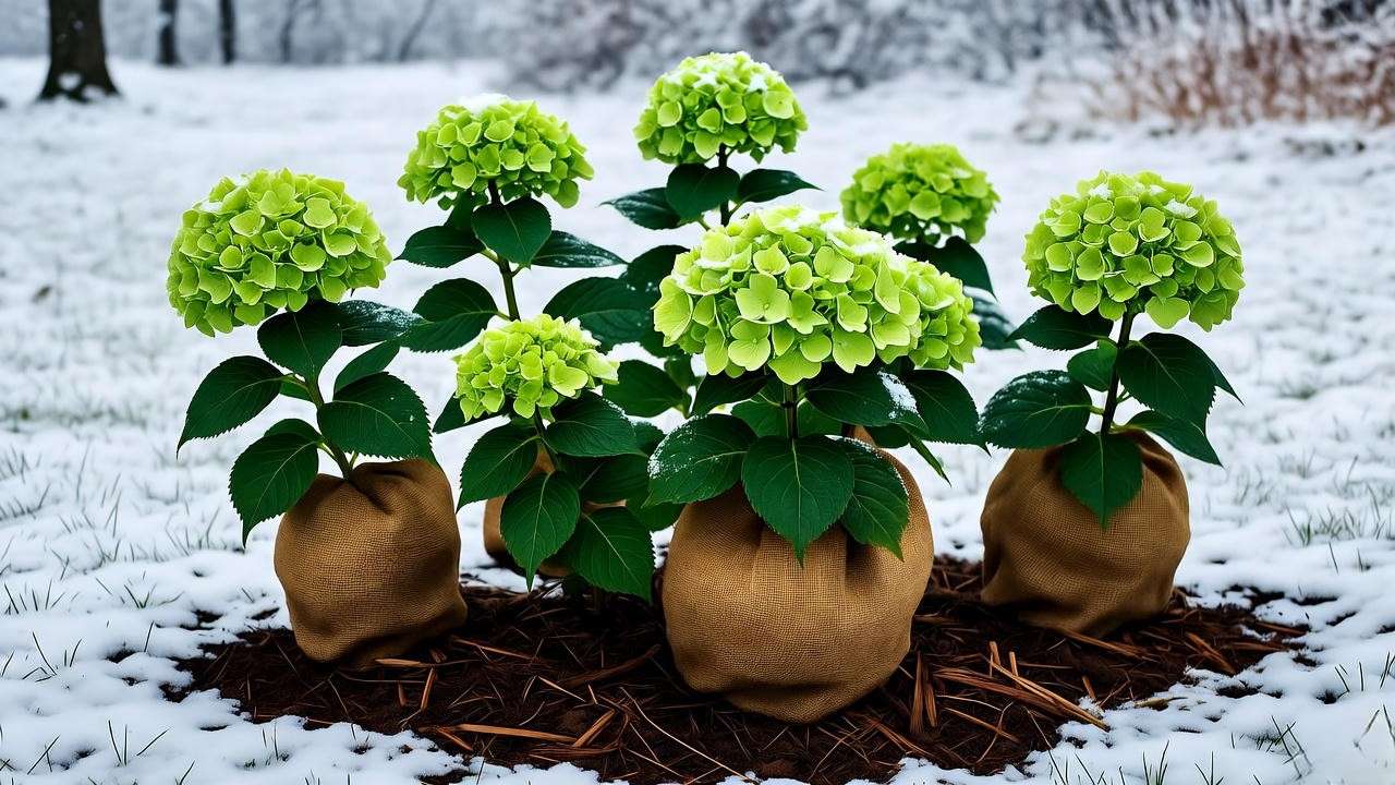 Winter-protected green hydrangea plants with burlap and mulch in snowy garden"