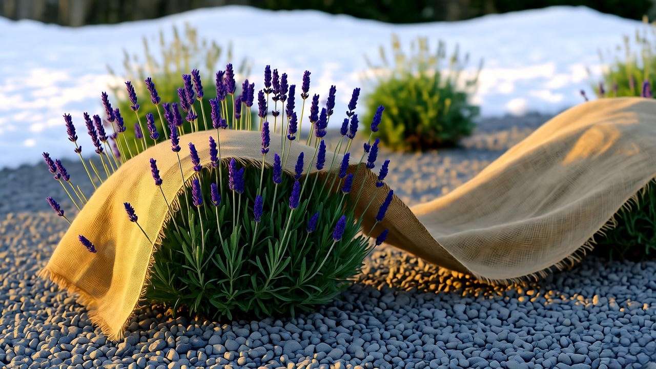 Grosso lavender protected with gravel mulch and burlap in a snowy winter garden".
