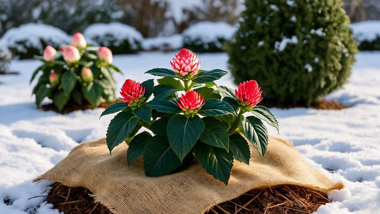 Winter care for Hot Lips plant with mulch and burlap in snowy garden.