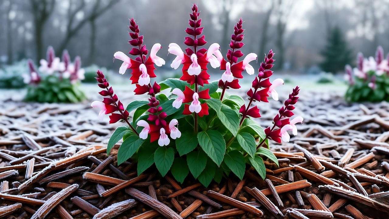 "Hot Lips plant with mulch in a winter garden with frost.