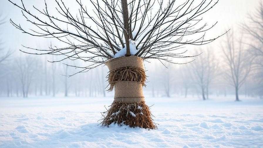 Pixie Crunch apple tree wrapped with burlap and mulched in a snowy winter landscape."