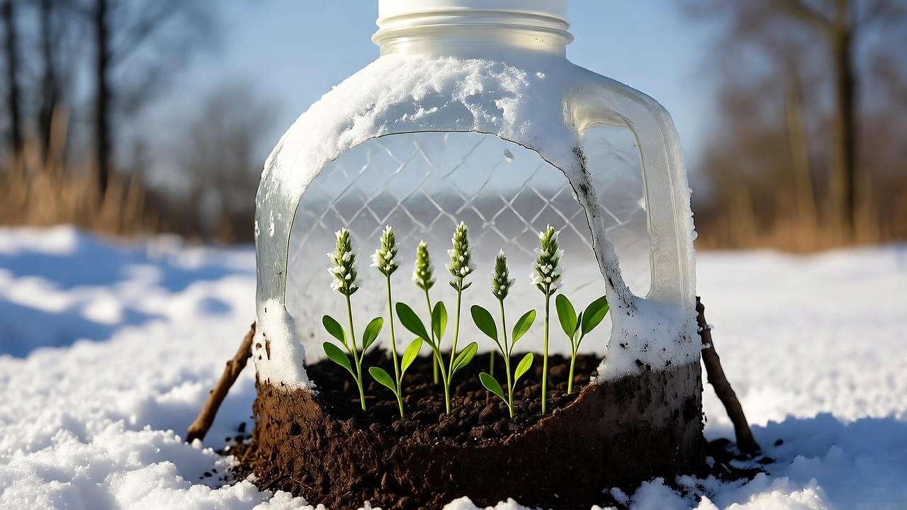 White vervain seedlings growing in milk jug winter sowing container
