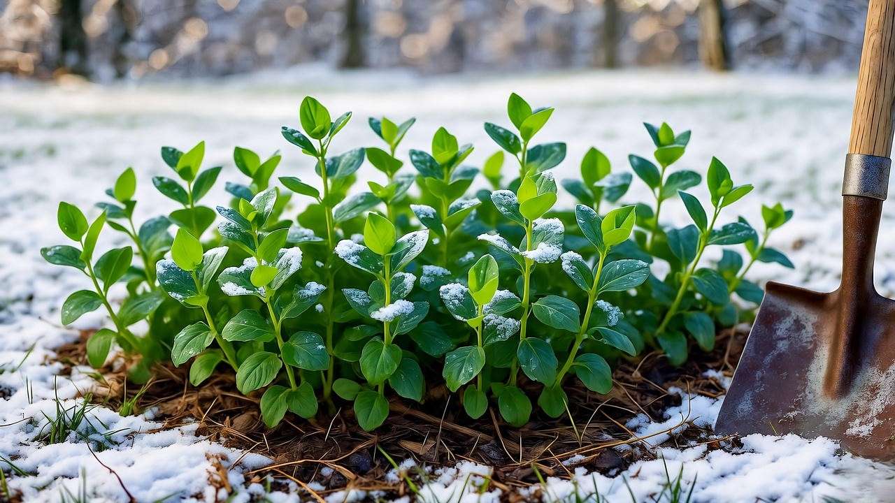 Moneywort plant protected with mulch in a winter garden with snowy background."