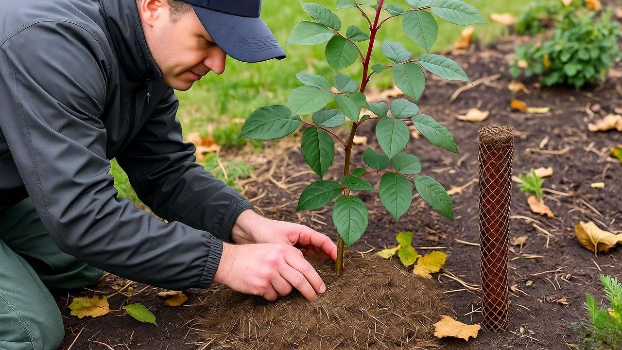 Gardener mounding compost around a Tropicana rose for winter protection.