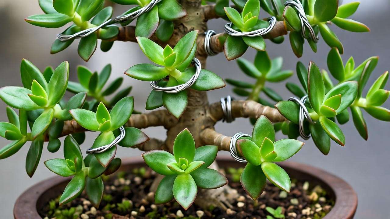 Jade plant bonsai wiring process in a ceramic pot".