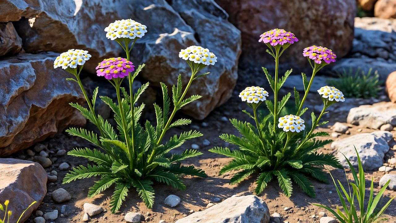 "Rock garden with yarrow plants and colorful clusters in full sunshine."