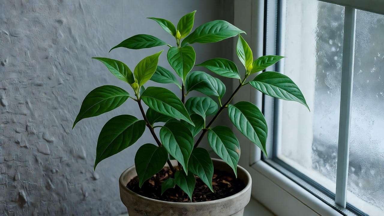 Sambac Jasmine plant in a cool, dimly lit room for winter dormancy.