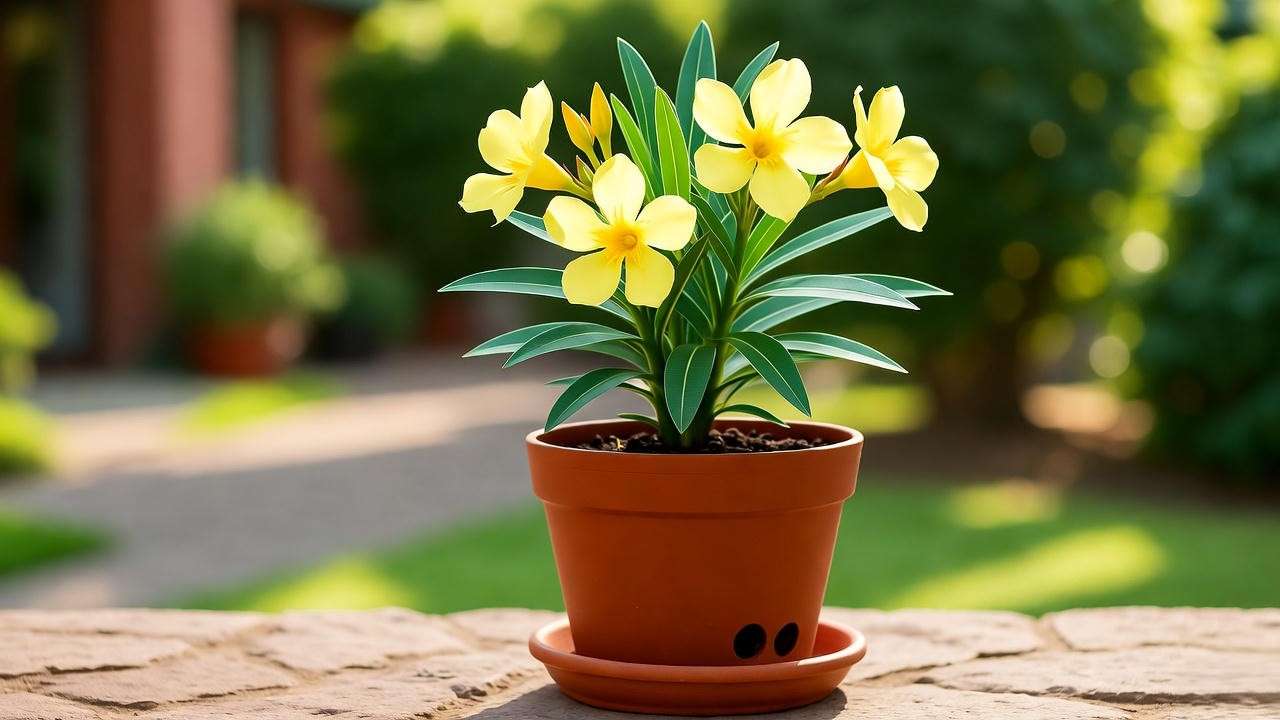 Potted yellow oleander plant with healthy foliage on a sunny patio"