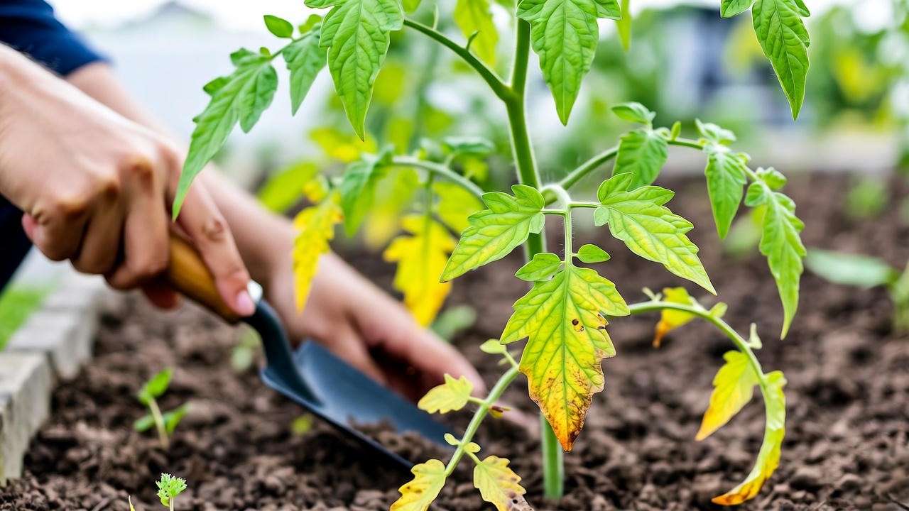 Gardener inspecting a pineapple tomato plant with yellowing leaves and soil.