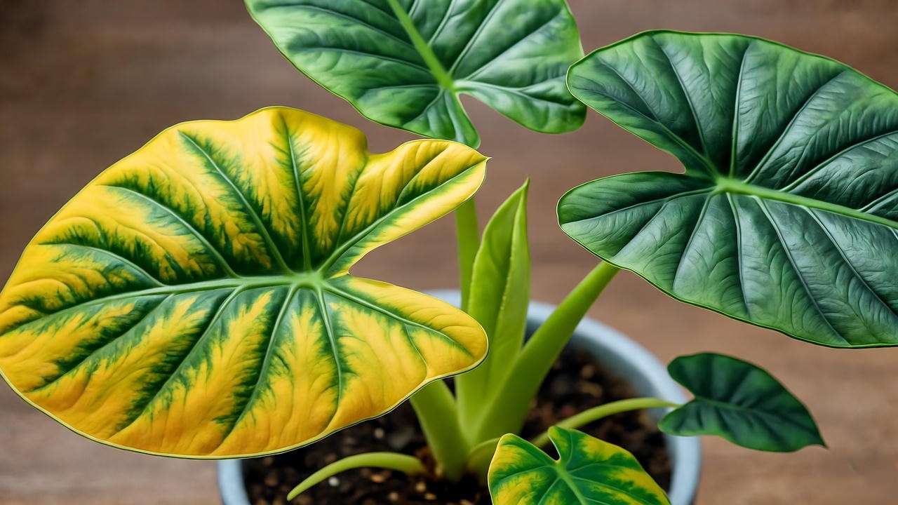 Alocasia plant with yellowing leaves recovering in a well-lit indoor setup"