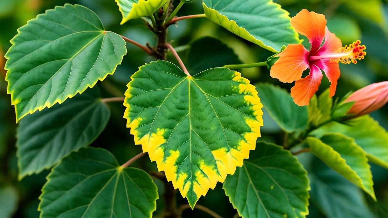 Close-up of a hibiscus leaf with yellowing from chlorosis next to healthy leaves and a vibrant flower."