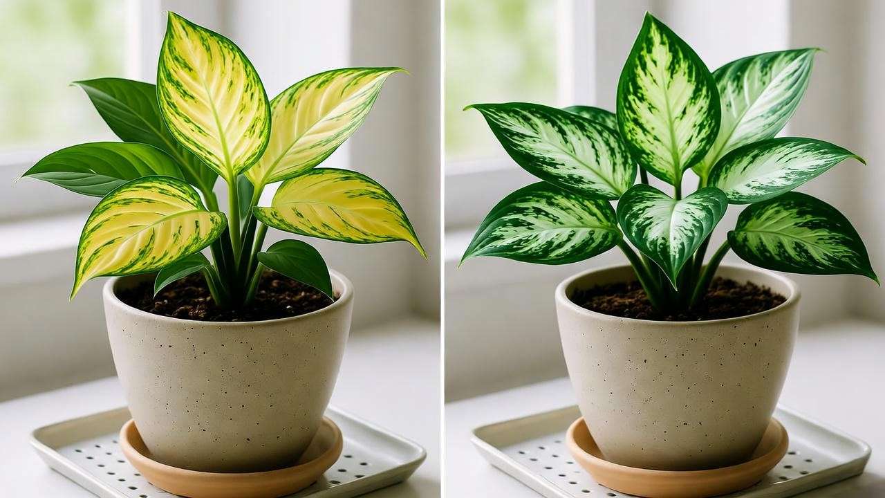 Comparison of a white princess plant with yellowing leaves and a healthy plant with drainage tray.