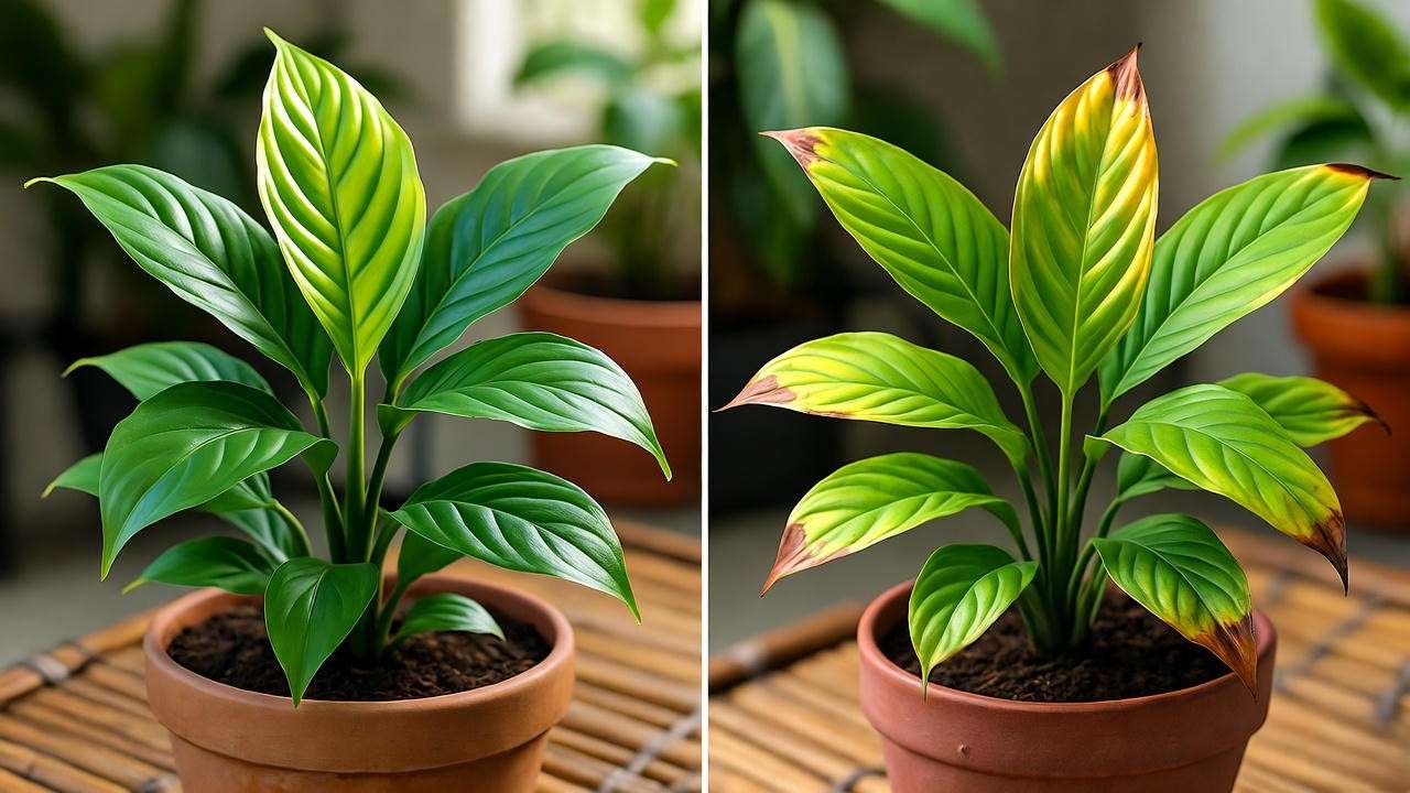 Pleomele plant with yellowing leaves next to a healthy plant