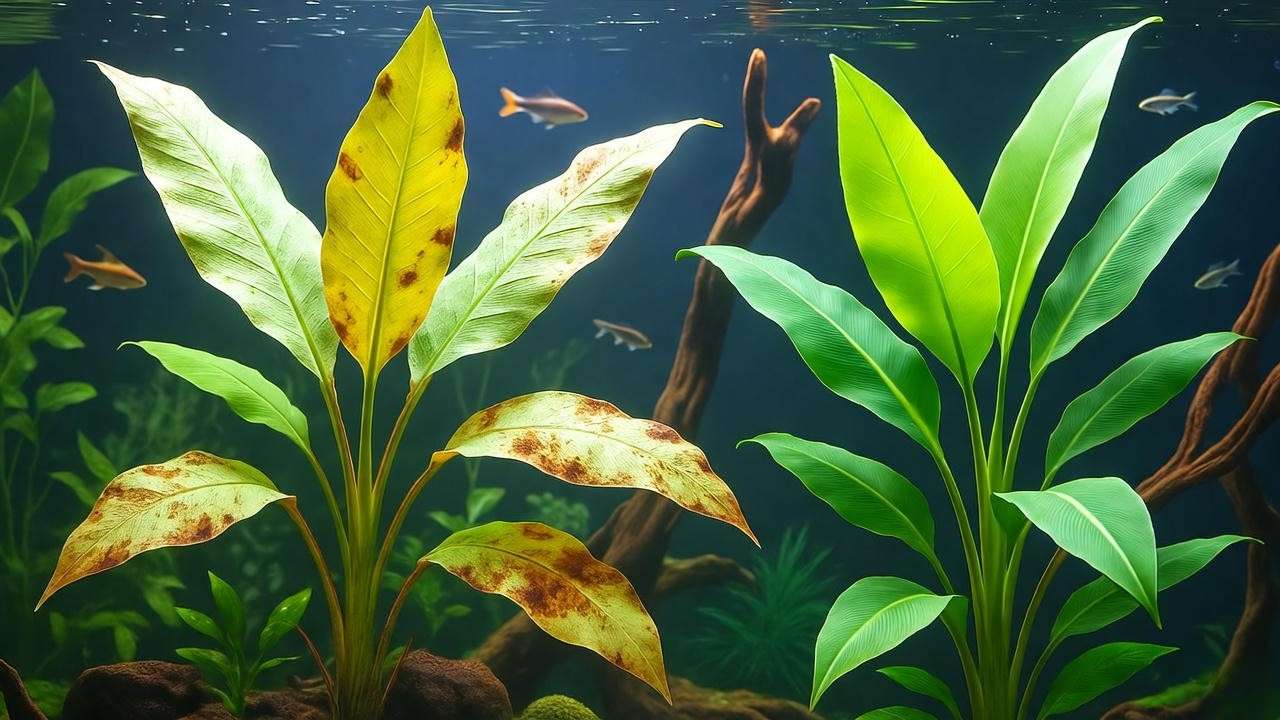 Banana plant with yellowing leaves and algae next to healthy growth in aquarium".