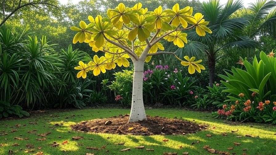 White sapote tree with yellowing leaves and soil test kit in a garden."