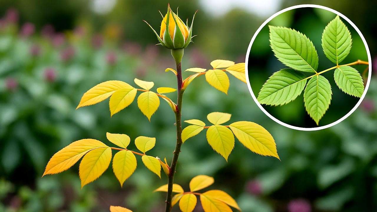 Joseph's Coat rose plant with yellowing leaves compared to healthy green leaves in a garden.