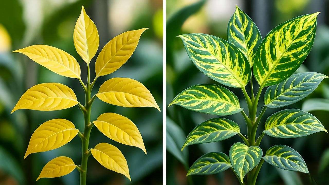 Comparison of Ring of Fire plant with yellowing and healthy leaves."