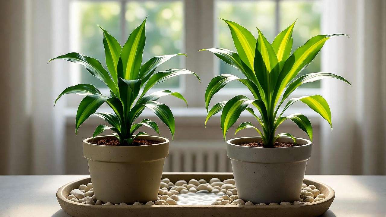 Dracaena compacta plant with yellowing leaves next to a healthy plant"