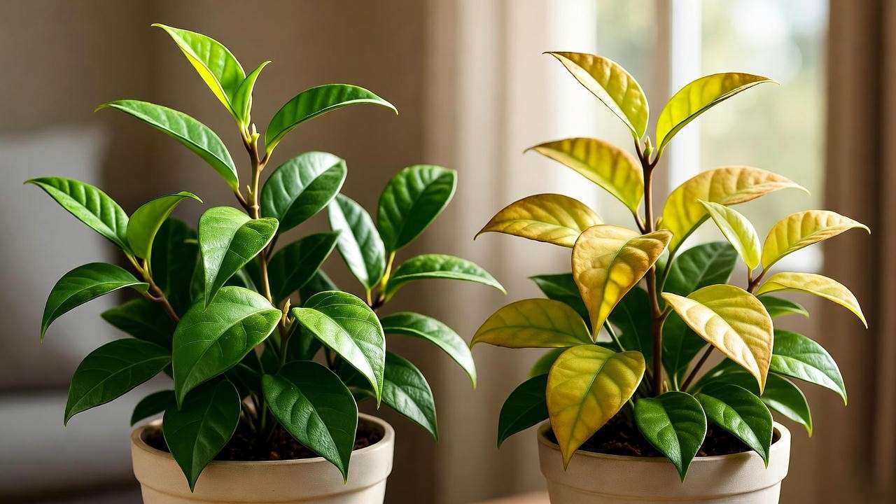"Hoya Chelsea with yellowing leaves from overwatering next to a healthy plant."
