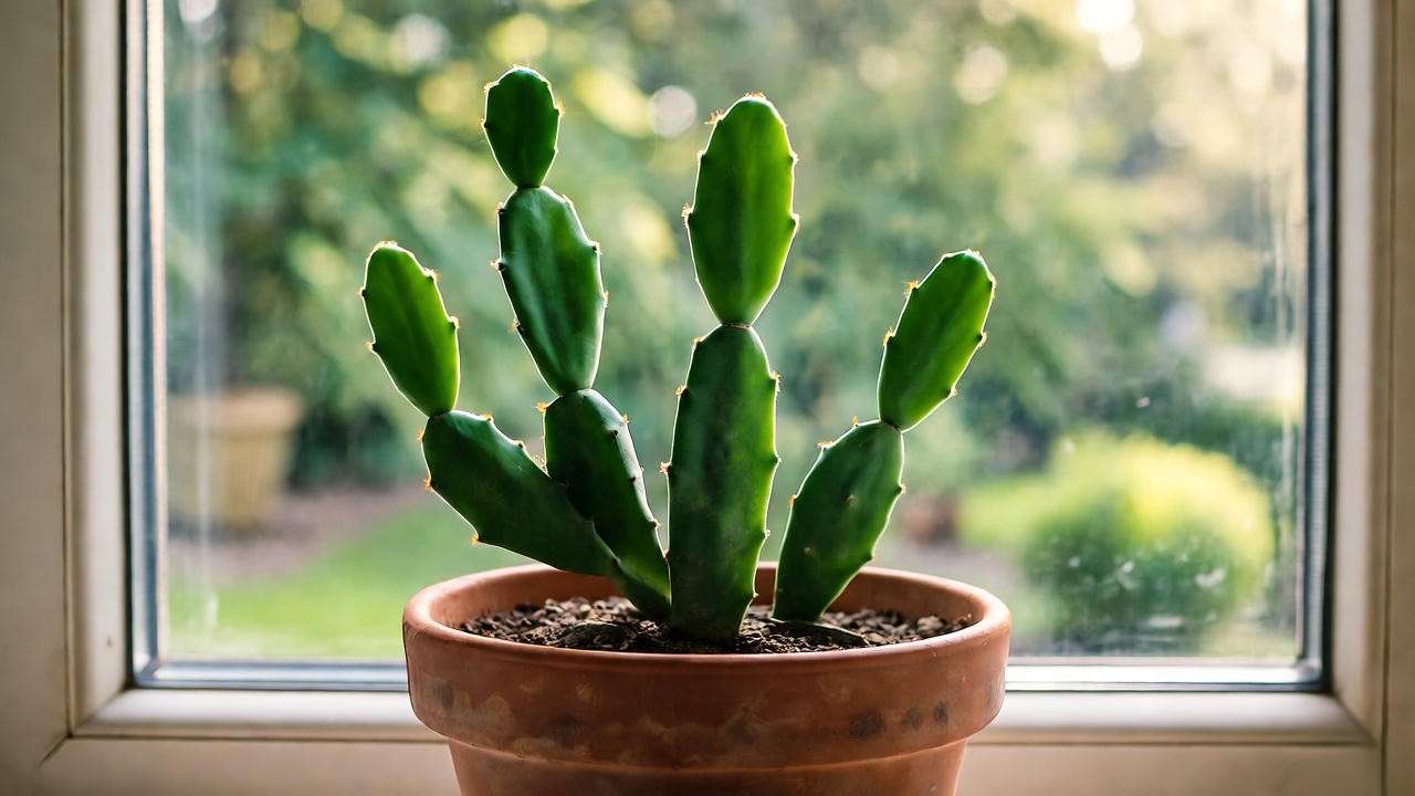Peanut cactus plant on windowsill with garden background for care FAQs."
