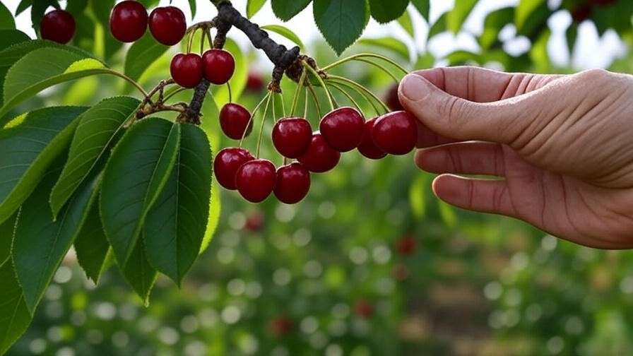 Hand thinning excess cherries to promote larger fruit on a cherry tree". 