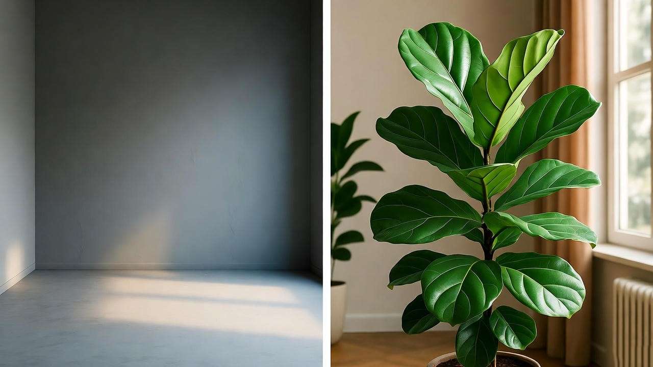 "Before and after room transformation with Fiddle Leaf Fig, showcasing big leaf plant care for wellness." 