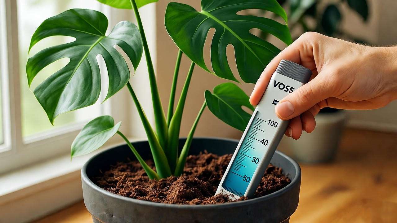  "VOSS Method infographic for big leaf plant care with Monstera watering and sunlight tips." 