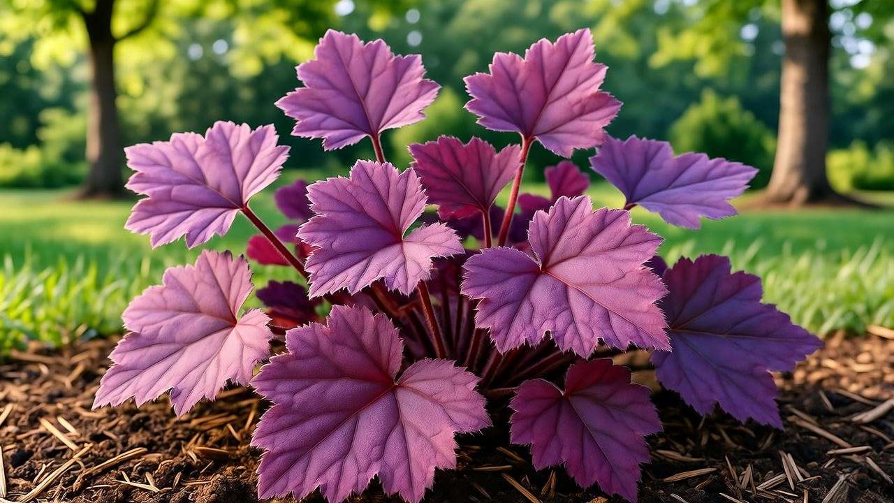 Close-up of Palace Purple Heuchera plant in shaded garden with mulch and soil".